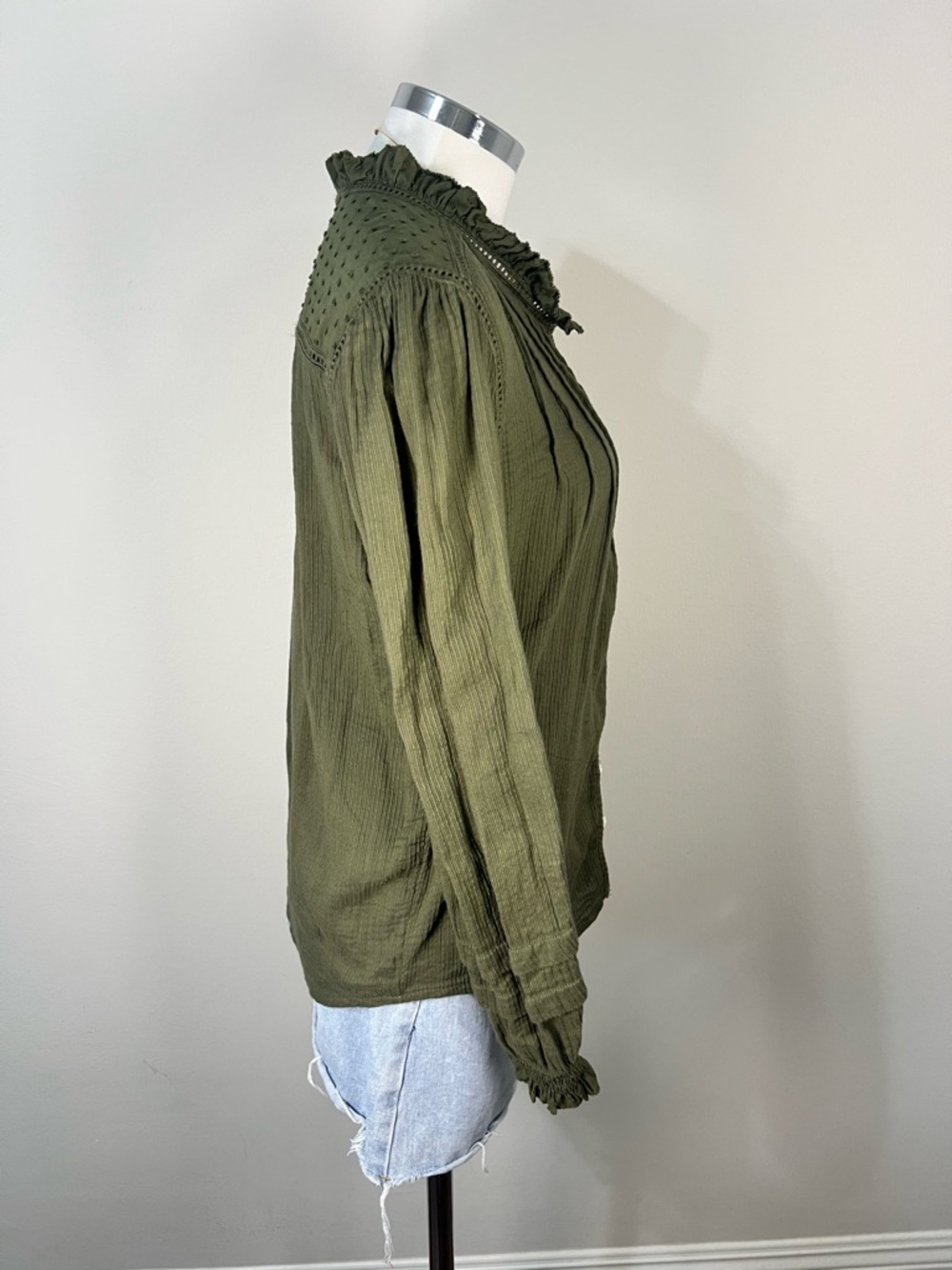 Quince Organic Cotton Peasant Blouse Size S Green Textured Ruffle Neck Button - Picture 5 of 9